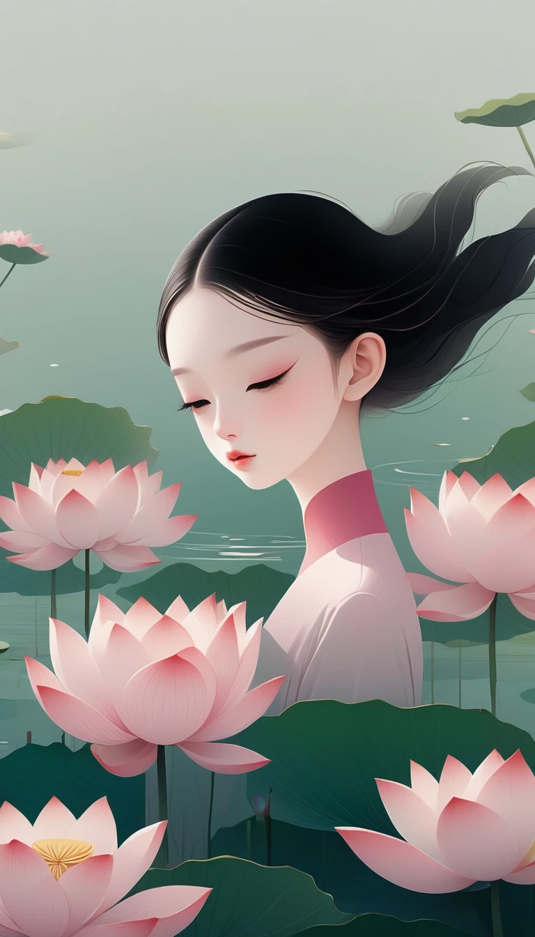 vector，Flat form，illustration，The Minimalists，数字艺术illustration，Pink hue，Abstract，artistic conception，Blooming，A ，dancer；Pink clothing；Pretty Face，Black Hair，Hairpin；Lotus pond，Diving sensation，Lots of white space above。