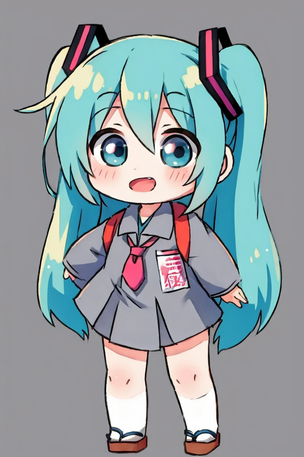 masterpiece, best quality, highly detailed, nozochibi, 1girl, (chibi:1.4), hatsune miku, simple background, full body, Japanese high school girl, Japanese school bag