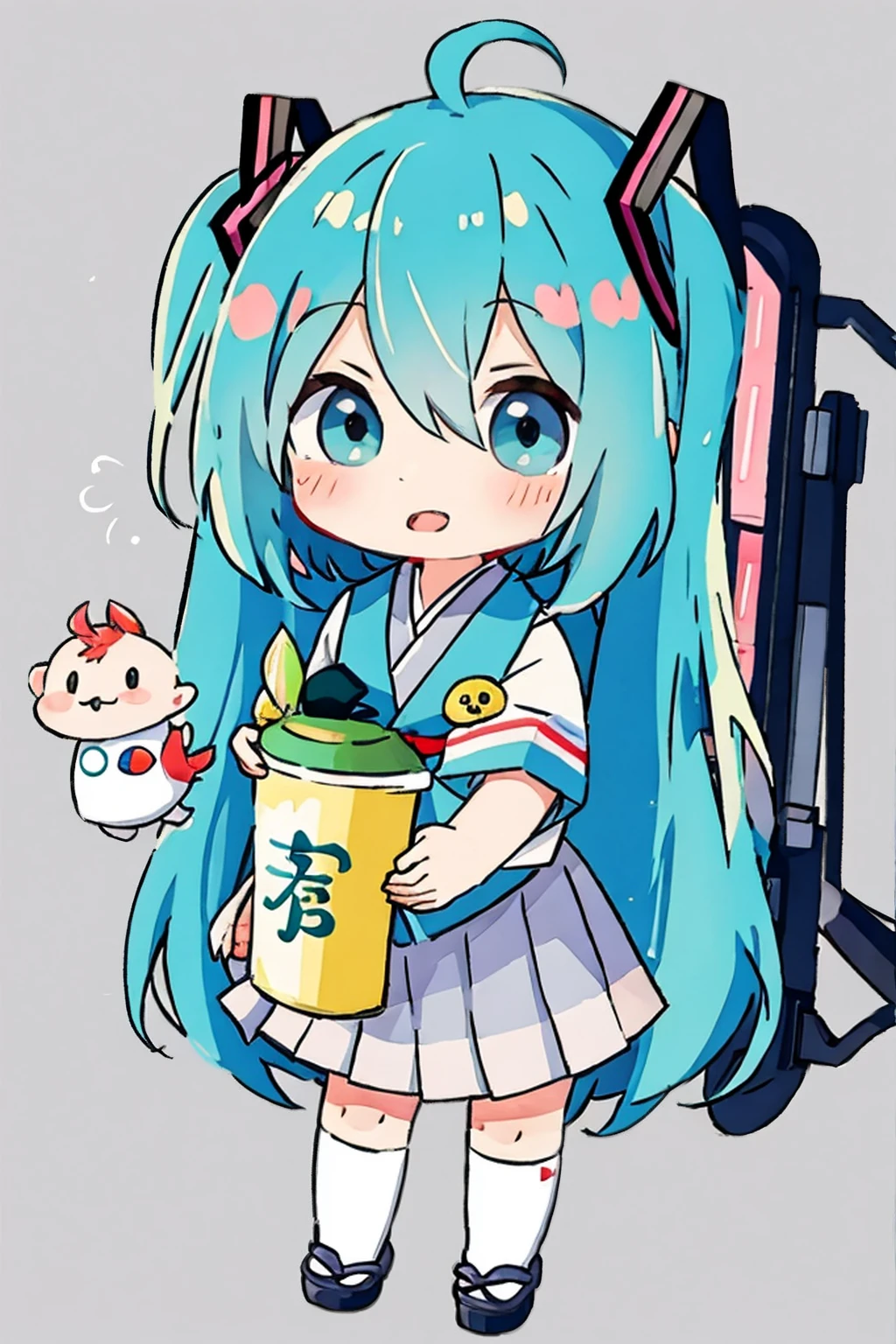 masterpiece, best quality, highly detailed, nozochibi, 1girl, (chibi:1.4), hatsune miku, simple background, full body, Japanese high school girl, Japanese school bag