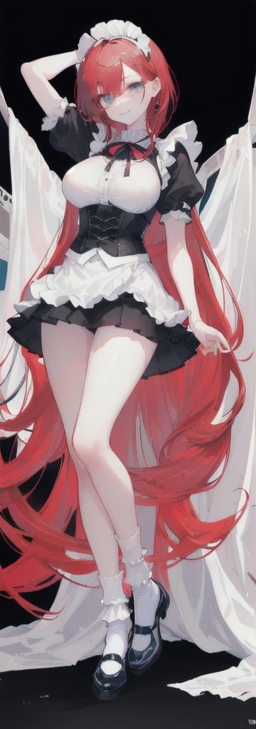 (long beautiful red hair) cyan eyes, (Eyes behind long bangs) big breasts, using accessories (using socks) perfect shiny beautiful reds shoes (Wearing luxurious palace maid clothes Perfect perfect noble) Pose facing sideways (Girl1, straight hair not too long, bangs covering one eye, soft face, gentle smile) ((Standing position with long legs, bare thighs, image position visible from bottom of feet to top of head) long red hair, beautiful cyan eyes (Free pose, right hand down, left hand down, ((Free pose))smile kawai, (black white background) Wearing a reds corset, (Using a beautiful bright blue ribbon) Kawai shy cute eyes (reds colored shoes must be shiny, Must wear short white socks) ((short skirt)) short sleeves (image according to tag) Body height 180 cm