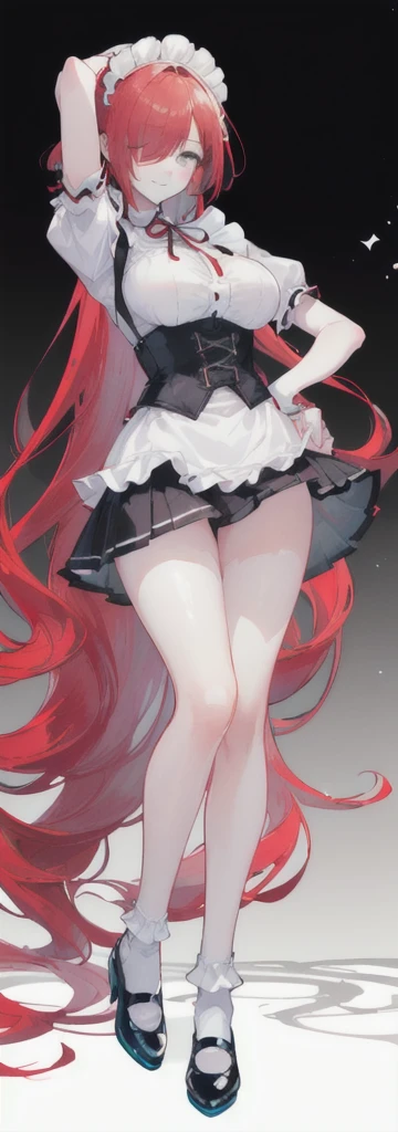 (long beautiful red hair) cyan eyes, (Eyes behind long bangs) , using accessories (using socks) perfect shiny beautiful reds shoes (Wearing luxurious palace maid clothes Perfect perfect noble)  Pose facing sideways (Girl1, straight hair not too long, bangs covering one eye, soft face, gentle smile) ((Standing position with long legs,  thighs, image position visible from bottom of feet to top of head) long red hair, beautiful cyan eyes (Free pose, right hand down, left hand down, ((Free pose))smile kawai, (black white background) Wearing a reds corset, (Using a beautiful bright blue ribbon) Kawai shy cute eyes (reds colored shoes must be shiny, Must wear short white socks) ((short skirt)) short sleeves (image according to tag)  Body height 180 cm