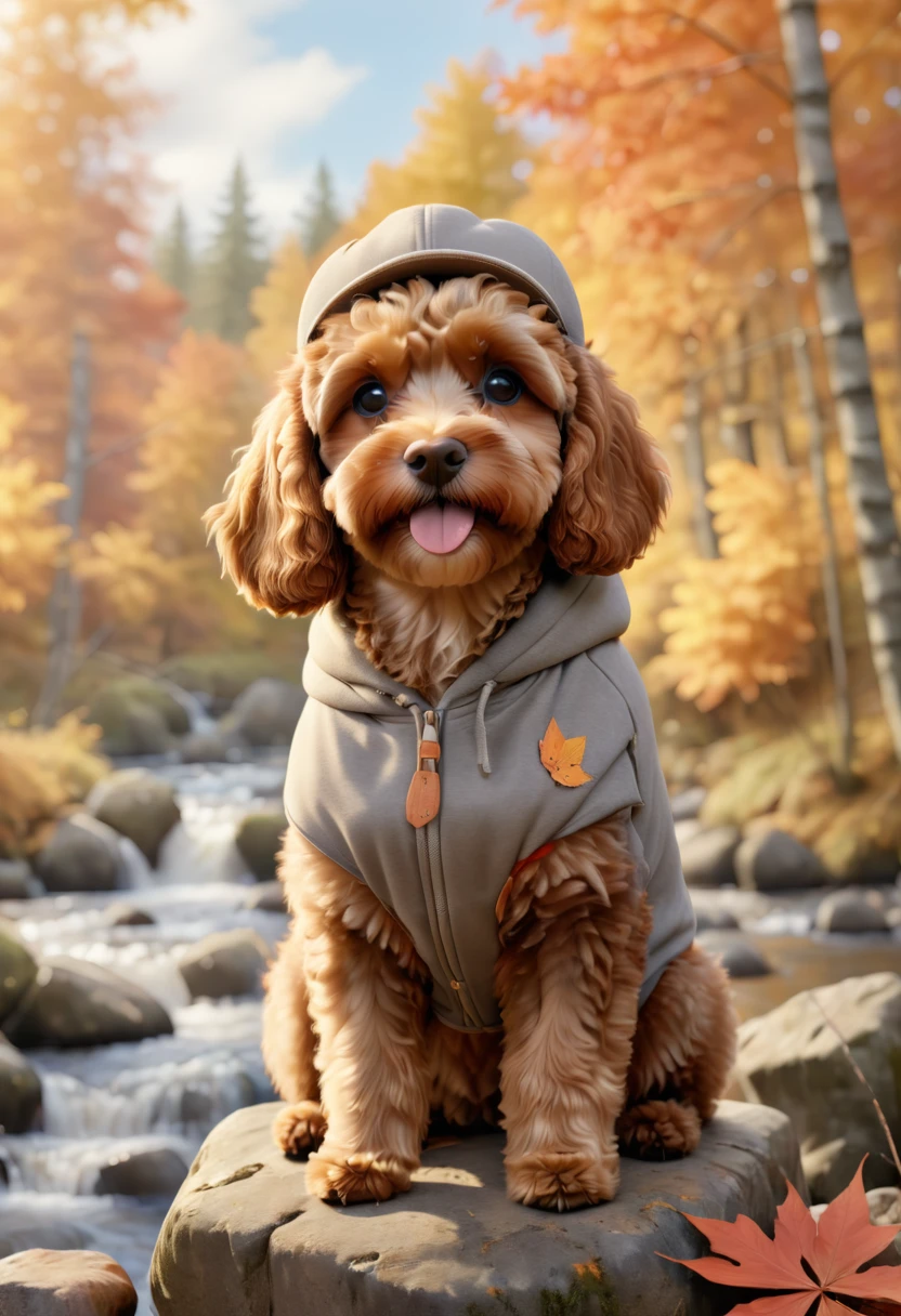 Create an adorable digital painting of a cute brown Cavapoodle with fluffy fur. The Cavapoodle is wearing an urban outfit, consisting of a hoodie and a classic flat cap. The dog is sitting on a rock by a picturesque autumn forest, surrounded by colorful falling leaves and a serene river flowing nearby. The background should be natural and tranquil, with a strong autumnal theme. Use warm lighting and vibrant colors to enhance the scene. Render the image in 3D to bring out the textures and details, capturing the essence of an outside setting in the fall season.