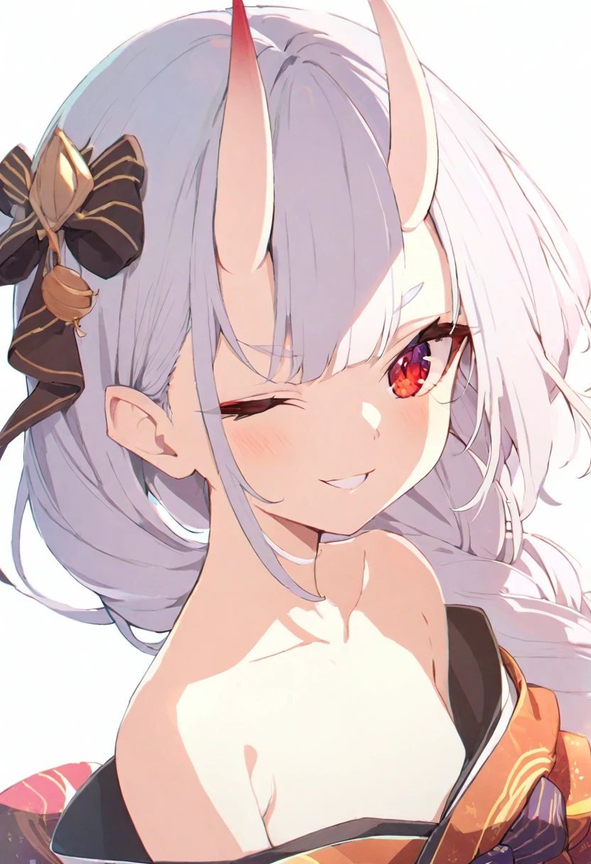 (muste piece), (best quality), very detailed eyes, expressive eyes, perfect face, very detailed face, highly detailed face, beautiful girl, 8K, beautiful girl, white background, delicate and beautiful face and eyes, dark intense shadow,
1 girl, vtuber style, cool girl, hololive, Nakiri Ayame, oni horns, kimono, small chest, clavicle, one eye close winking, smile, (whole body), standing, from back, looking back, sunrsing,