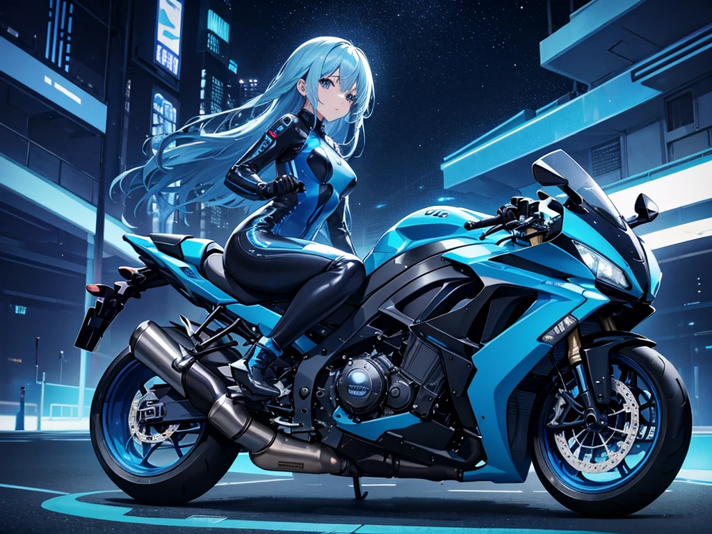 A girl riding a large blue sports bike、Patent leather riding suit、circuit、pit、blue blow hair、Asian、Futuristic City、Night view、Mirror-like floor