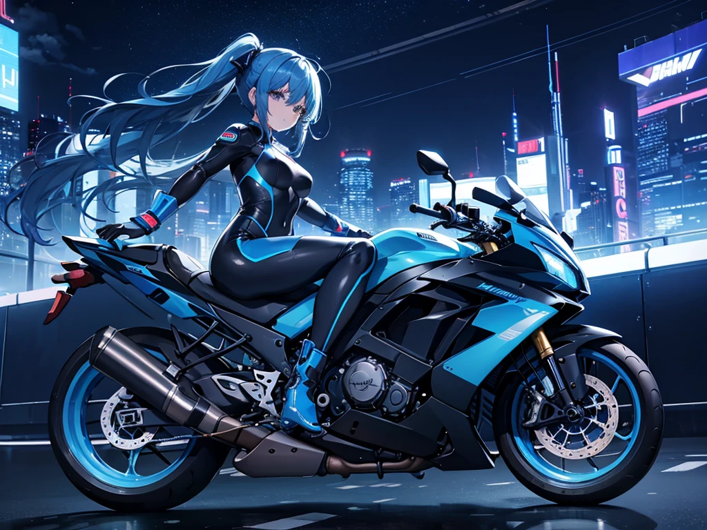 A girl riding a large blue sports bike、Patent leather riding suit、circuit、pit、blue blow hair、Asian、Futuristic City、Night view、Mirror-like floor