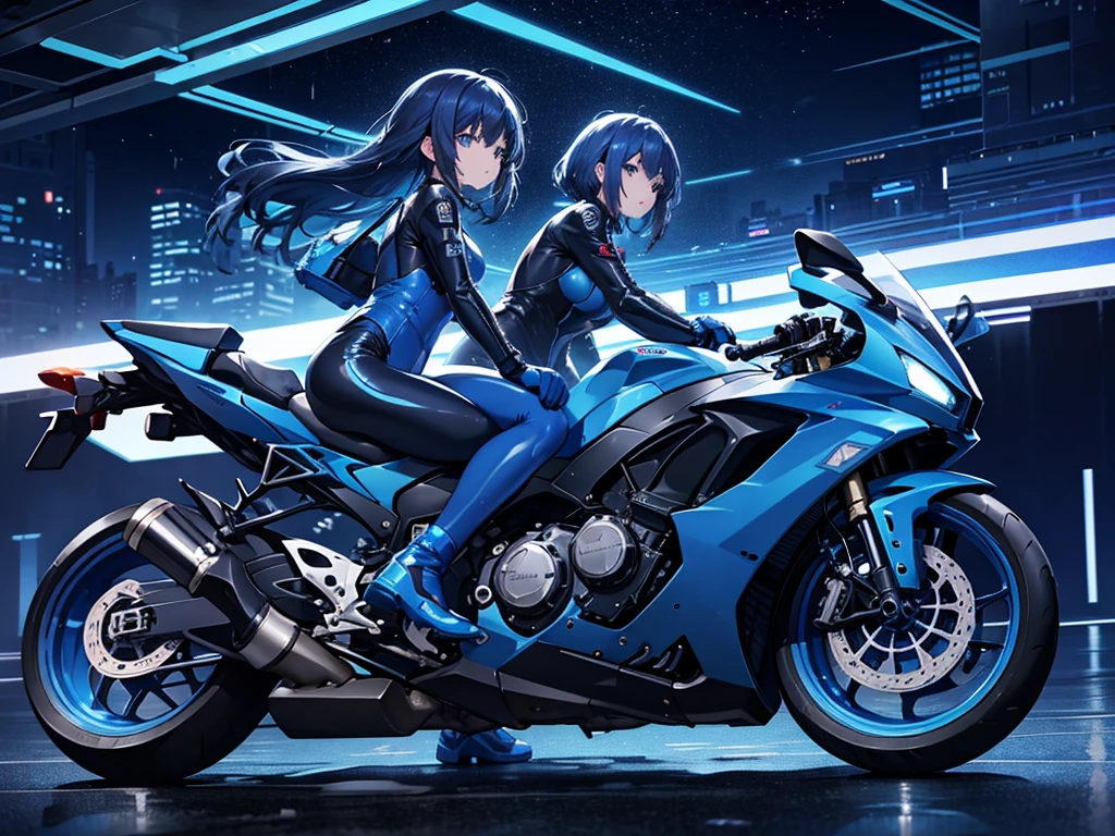 A girl riding a large blue sports bike、Patent leather riding suit、circuit、pit、blue blow hair、Asian、Futuristic City、Night view、Mirror-like floor