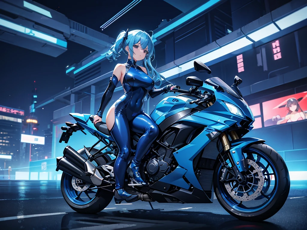 A girl riding a large blue sports bike、Patent leather riding suit、circuit、pit、blue blow hair、Asian、Futuristic City、Night view、Mirror-like floor