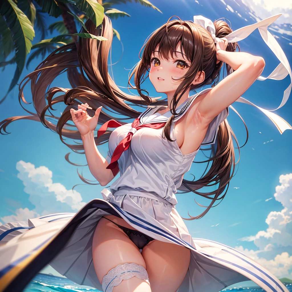 high resolution、high quality、masterpiece、detailed、1 female、Brown Hair、ponytail、White ribbon、Summer sailor uniform、Big Breasts、Big Jump、Panty shot、My chest is shaking、