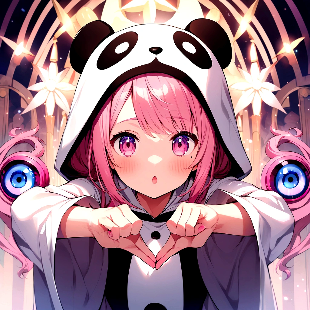 anime、Girl in panda costume、Pink Hair、Mole under the eye、Pink eyeball、Cute pose、