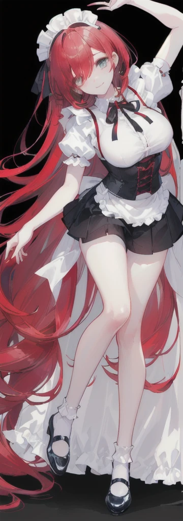 (long beautiful red hair) cyan eyes, (Eyes behind long bangs) big breasts, using accessories (using socks) perfect shiny beautiful reds shoes (Wearing luxurious palace maid clothes Perfect perfect noble) Pose facing sideways (Girl1, straight hair not too long, bangs covering one eye, soft face, gentle smile) ((Standing position with long legs, bare thighs, image position visible from bottom of feet to top of head) long red hair, beautiful cyan eyes (Free pose, right hand down, left hand down, ((Free pose))smile kawai, (black white background) Wearing a reds corset, (Using a beautiful bright blue ribbon) Kawai shy cute eyes (reds colored shoes must be shiny, Must wear short white socks) ((short skirt)) short sleeves (image according to tag) Body height 180 cm Neat straight hair