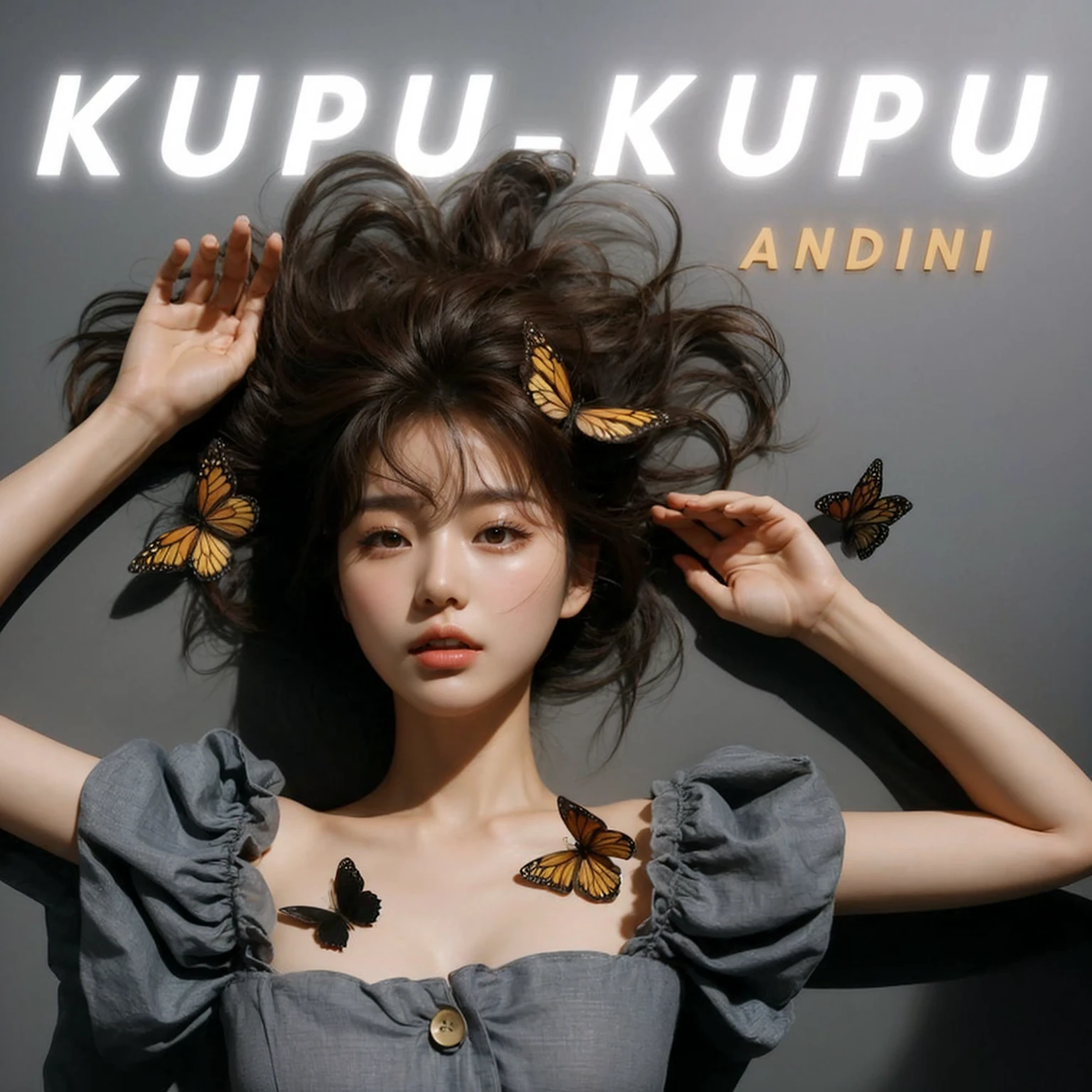A Korean girl is lying down against a bold gray background, her eyes open looking upwards. She's wearing a full-length dress. Her hair is styled messy, with several butterflies fluttering around her. The atmosphere is bright yet cold. The image is very clear, vivid, and realistic 64k.