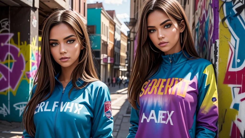 (best quality), masterpiece, extremely detailed CG uniform 8K illustration, high color, extremely high color saturation, all colors deepened, paint, graffiti art, center composition, extremely detailed light and shadow, graffiti wall, wall painted bright, 1 girl graffiti 1 girl looking at the wall, extremely detailed face and eyes, medium length hair, sportswear, colored clouds