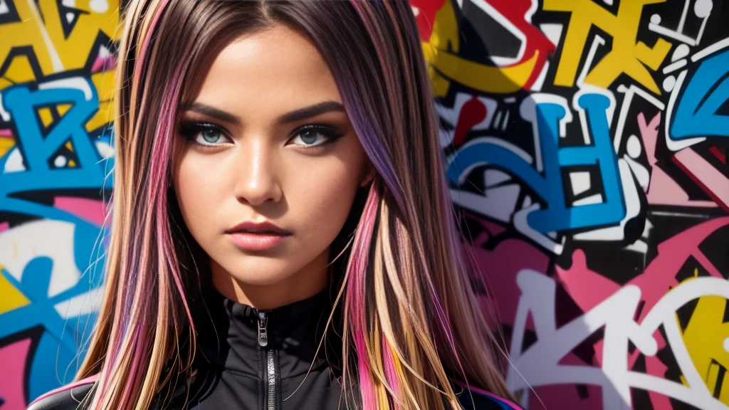 (best quality), masterpiece, extremely detailed CG uniform 8K illustration, high color, extremely high color saturation, all colors deepened, paint, graffiti art, center composition, extremely detailed light and shadow, graffiti wall, wall painted bright, 1 girl graffiti 1 girl looking at the wall, extremely detailed face and eyes, medium length hair, sportswear, colored clouds