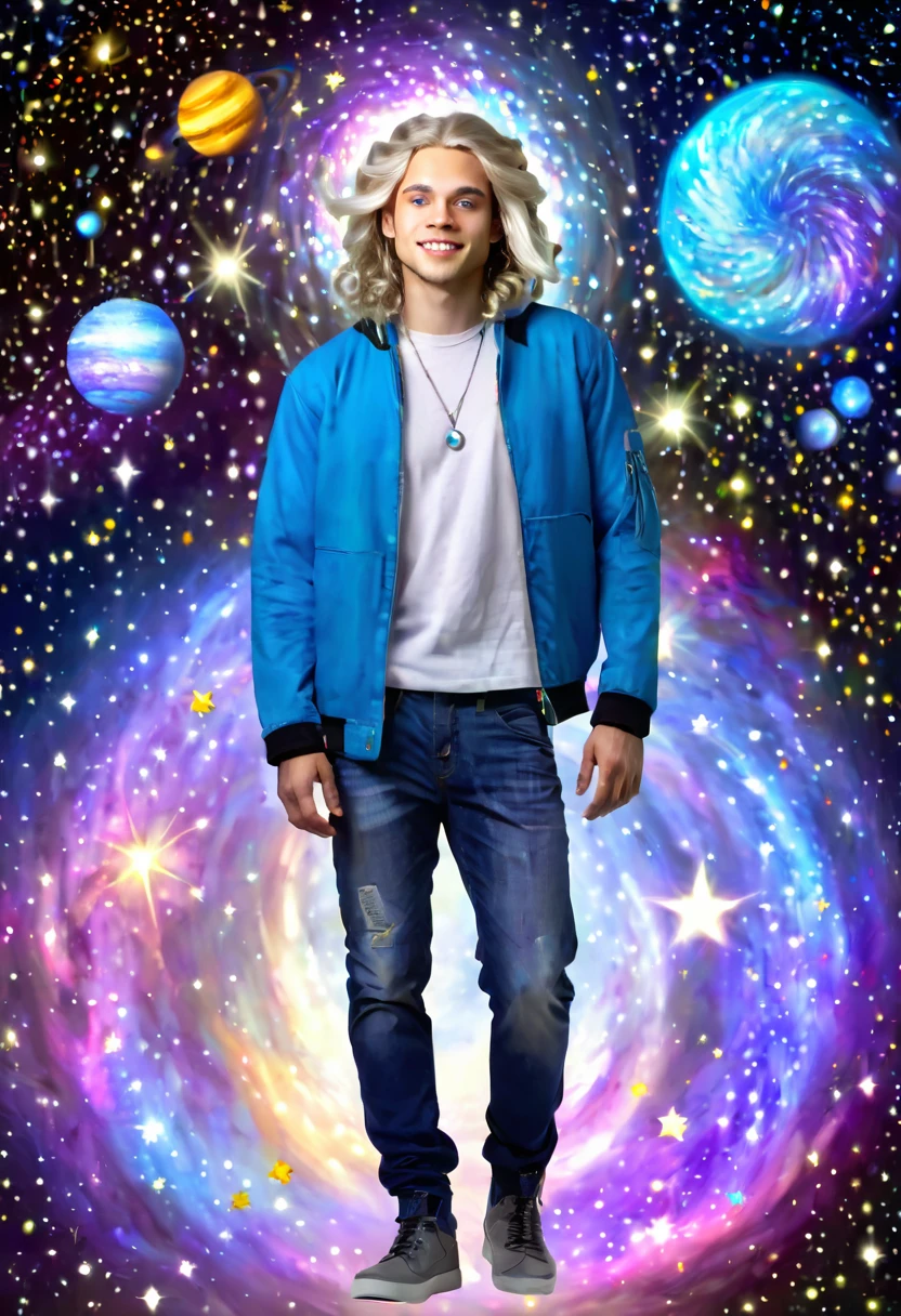Light-skinned young full body man, with light blue eyes and long hair, wearing modern clothes. He has a halo with unusual shapes above his head and is floating in space. In the background there are bright stars, spiral galaxies and several planets of different sizes and colors.