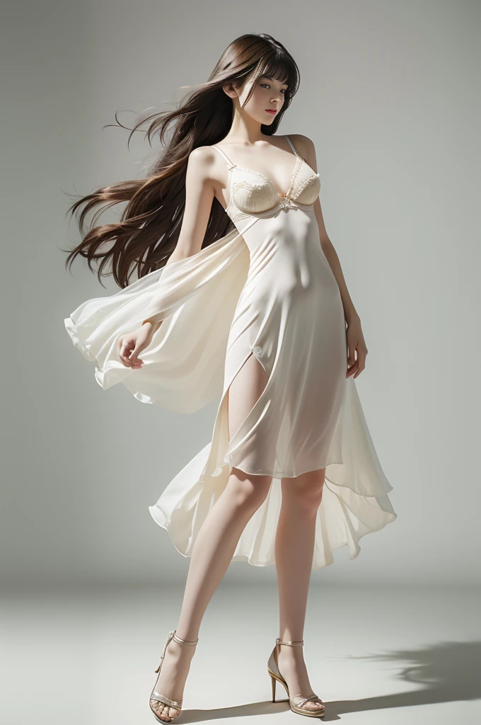 Long Shot, (Full body image:1.2), (bra:1.2),(Better lighting, Better Shadows, Very delicate and beautiful), floating, High saturation, Dynamic Angle, ((One girl)), nice, hair ornaments, bangs, (Skin wrinkles:1.2),(slip dress:1.1)