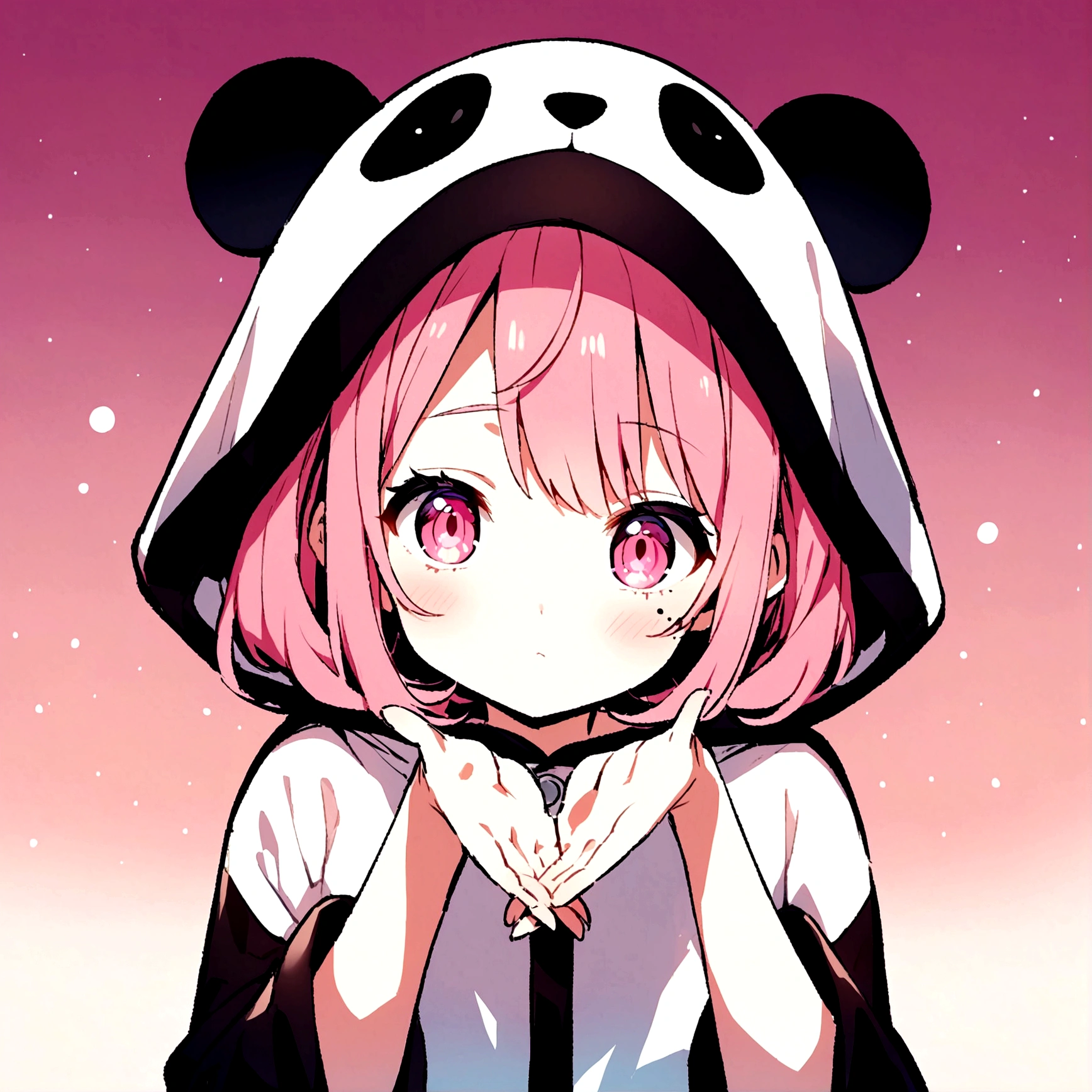 anime、Girl in panda costume、Pink Hair、Mole under the eye、Pink eyeball、Cute pose