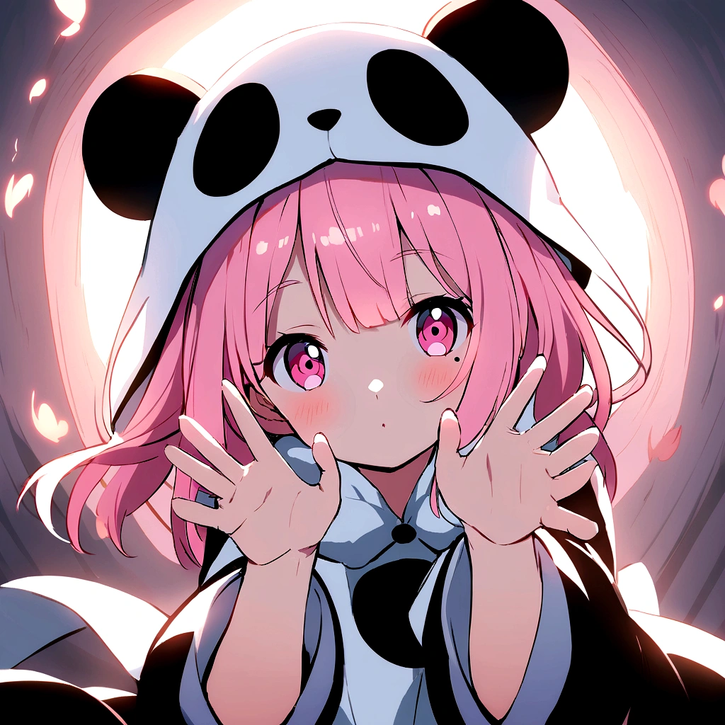 anime、Girl in panda costume、Pink Hair、Mole under the eye、Pink eyeball、Cute pose