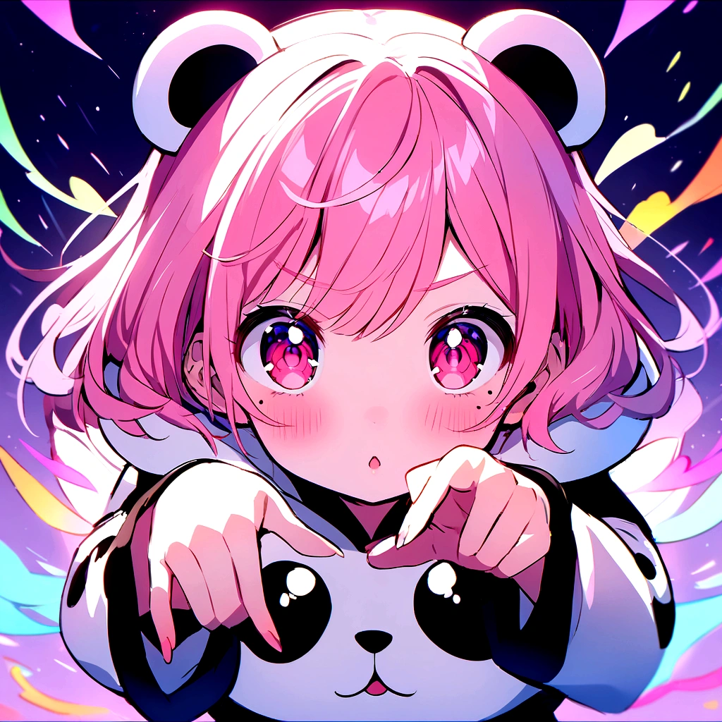 anime、Girl in panda costume、Pink Hair、Mole under the eye、Pink eyeball、Cute pose