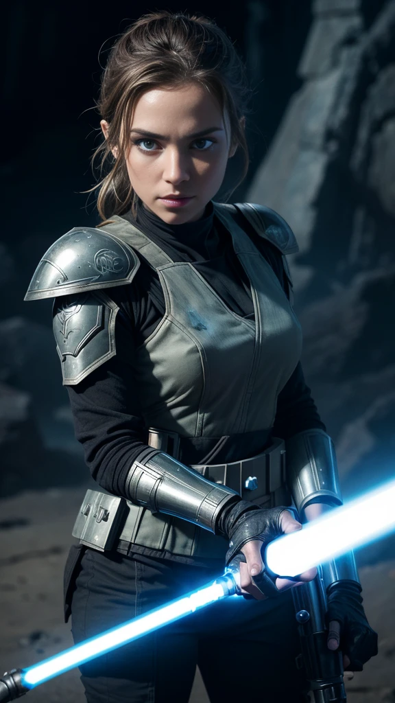a female jedi in star wars, holding a glowing lightsaber, detailed face, beautiful eyes, long eyelashes, detailed intricate armor, sci-fi, epic, cinematic lighting, dramatic shadows, high contrast, vibrant colors, 8k, hyper detailed, masterpiece