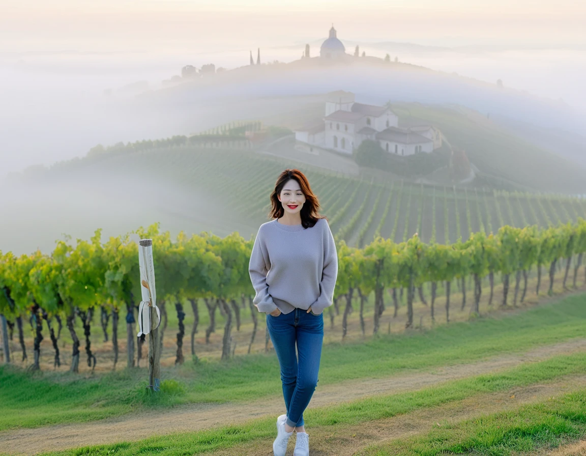 8k best picture quality, Beautiful 36-year-old Korean woman, short and nice weather. Chest size 34 inches, Dense fog at dawn in the Italian countryside, past the vineyard, The cathedral is visible in the fog in the distance., The back background is realistic and vivid quality., Short and medium hair blowing in the wind, travel jumper, Jeans that are comfortable for traveling, a faint smile. the background is clear, Short and slim Korean woman, stand far away, Photo taken with a wide-angle lens, Taken from a hill overlooking a misty vineyard