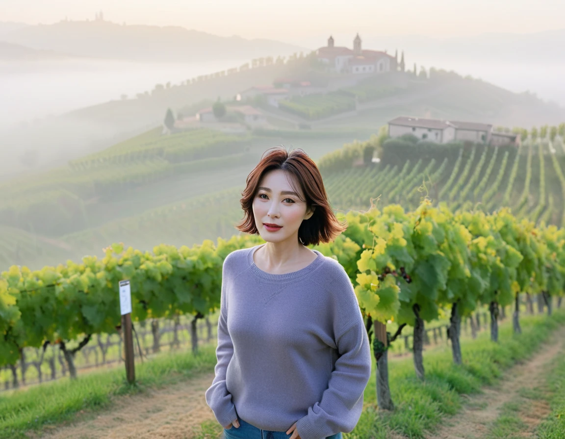 8k best picture quality, Beautiful 36-year-old Korean woman, short and nice weather. Chest size 34 inches, Dense fog at dawn in the Italian countryside, past the vineyard, The cathedral is visible in the fog in the distance., The back background is realistic and vivid quality., Short and medium hair blowing in the wind, travel jumper, Jeans that are comfortable for traveling, a faint smile. the background is clear, Short and slim Korean woman, stand far away, Photo taken with a wide-angle lens, Taken from a hill overlooking a misty vineyard