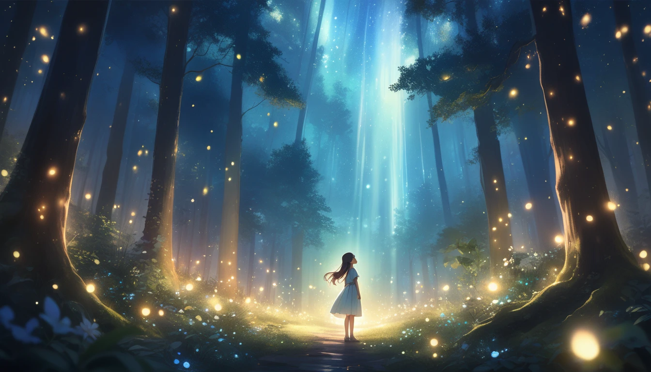 A serene summer evening in a magical forest filled with glowing fireflies. A young girl named Aya stands at the edge of the forest, gazing in awe at the enchanting lights.
