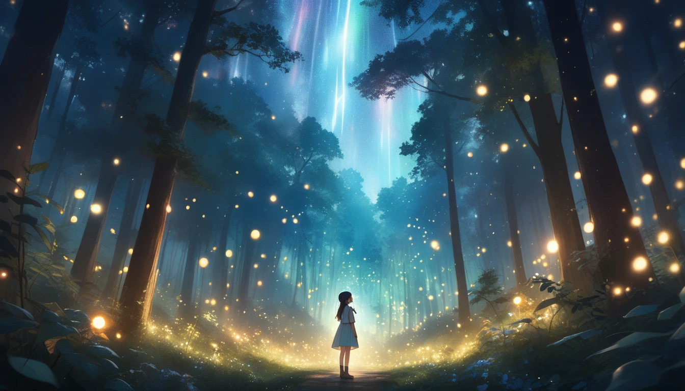 A serene summer evening in a magical forest filled with glowing fireflies. A young girl named Aya stands at the edge of the forest, gazing in awe at the enchanting lights.