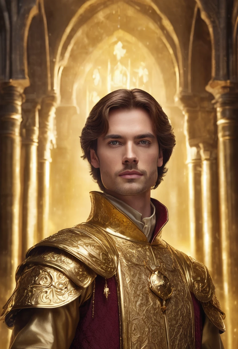 1 man, inside a golden medieval castle, wearing golden colored king's clothes and medieval gold details, detailed facial features, masculine eyes, detailed light skin, tidy reddish brown hair, strong and serious expression, dramatic lighting, cinematic composition , warm and dark color palette, atmospheric fog, beautiful face, thin chin, handsome man, holding a minimalist small gold puppet doll in his hand (best quality, 4K, 8K, high resolution, art: 1,2), ultra-detailed, (realistic, photorealistic, photorealistic: 1.37)
