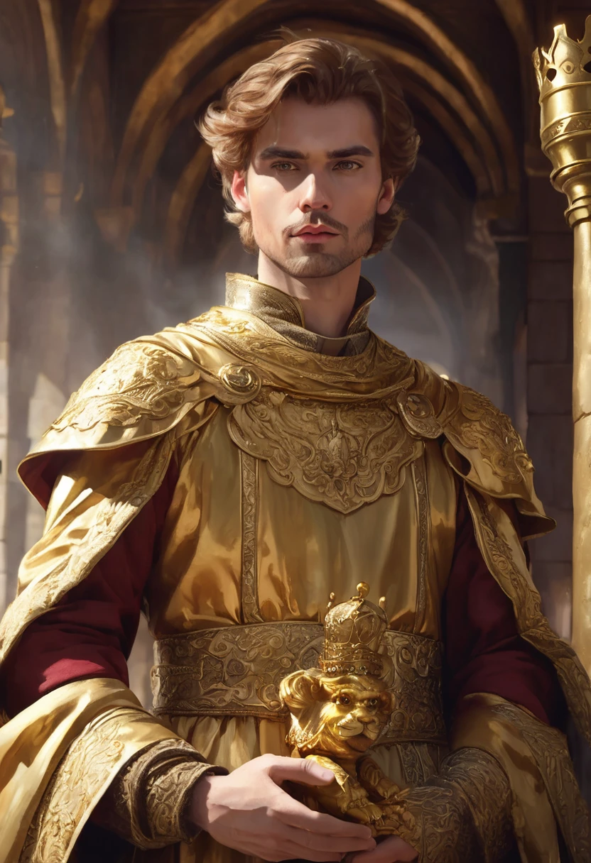 1 man, inside a golden medieval castle, wearing golden colored king's clothes and medieval gold details, detailed facial features, masculine eyes, detailed light skin, tidy reddish brown hair, strong and serious expression, dramatic lighting, cinematic composition , warm and dark color palette, atmospheric fog, beautiful face, thin chin, handsome man, holding a minimalist small gold puppet doll in his hand (best quality, 4K, 8K, high resolution, art: 1,2), ultra-detailed, (realistic, photorealistic, photorealistic: 1.37)