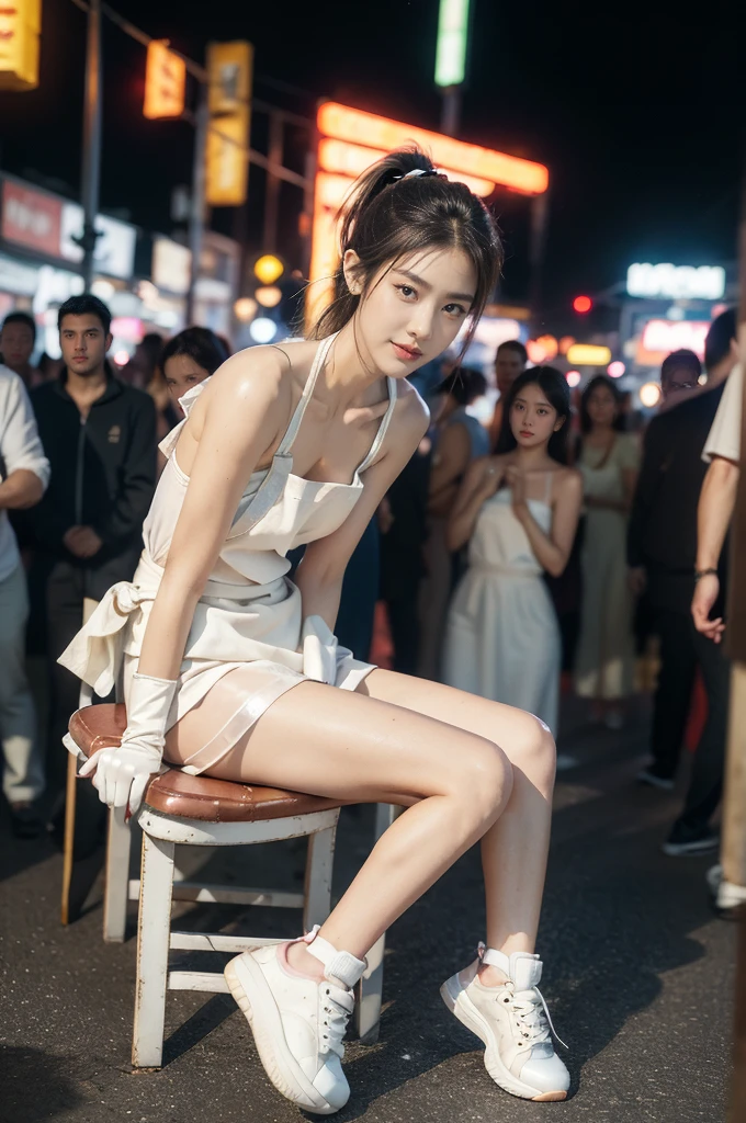 (((best quality))),(((ultra detailed))),(((masterpiece))),illustration,((1 beautiful girl,solo)),((slim,thin)),((small breasts,flat chest)),summer night,metropolis,((barbecue joint)),humble,vibrant energy,city that never sleeps,(short ponytail:1.2),(((female orgasmic,blush))),(sweat:1.3),(shiny skin:1.5),(sheer apron:1.3),((bare shoulders,bare arms)),(gloves:1.3),((slender legs,sneakers)),(sitting on the chair:1.3),((arms behind back,spread legs apart)),lightweight,practicality,((sizzling hot grill)),smooth,tanned skin,soft glow,skillfully,((skewers,meat)),intense concentration,bright eyes,alert,passion for work,atmosphere,vibrant,dynamic,laughter,conversation,sizzle,crackle,aromatic scent,tinged,radiant smile,genuine enjoyment,easy manner,warm presence,community,dedication,beauty in simplicity,midst of bustling city streets,outdoor,midnight,((from front,full body)),(surrounded by crowded crowds:1.3)