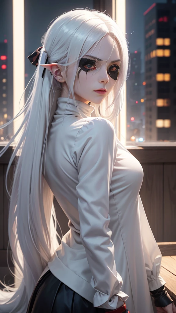 1girl, (solo), anime girl with long white hair and red eyes, girl with white hair, girl in white turtleneck, ((eyepatch)), pointed ears, ((vampire)), smirk, smug, closed mouth, cowboy shot, perfect white haired girl, white haired deity, digital cyberpunk anime art, turtleneck, lens flare, ((dramatic lighting)), soft glowing red eyes, extremely detailed, masterpiece, looking at viewer, city in background, (night)