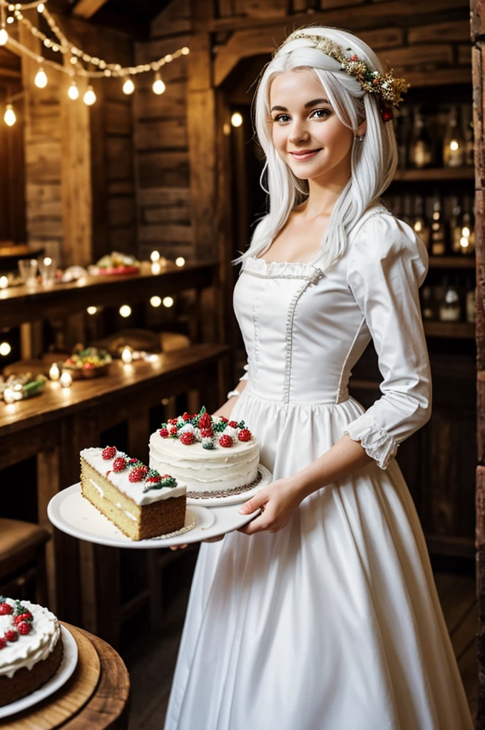 A young woman with white hair stands in a festive dress with a cake in her hands in a fabulous tavern