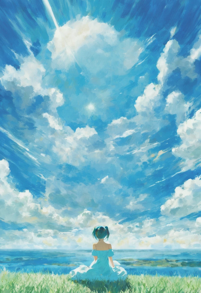 Makoto Shinkai-style background。
Hatsune Miku is sitting under the blue sky。
She is wearing a white off-the-shoulder dress。