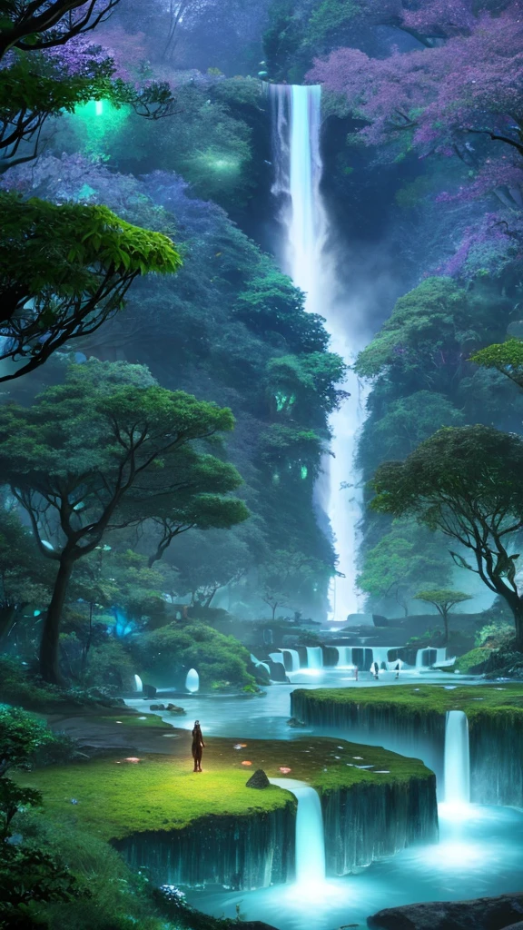 Envision a civilization near a glowing waterfall in a lush forest. Fantasy, another dimension. Hyperrealistic, UHD, HD, 8K,