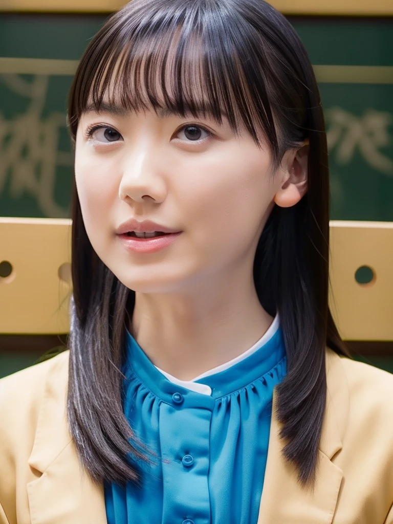 slender girl, (make up:1.1), (ニットセーター:1.2), middle breasts, at school room, (upper body shot:1.1), round face
