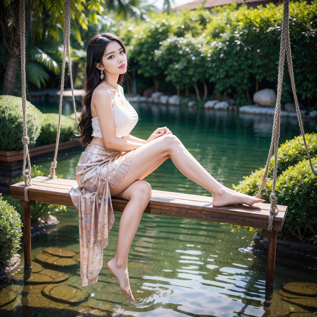 highest quality, Masterpiece, Beautiful woman, 30 years old, dressed in traditional Khmer, modern style, sitting on a swing, shoulder-length hair, adorned with gems and diamonds, wearing a knee-length skirt, checkered skirt, thighs, back Water flow, flower garden, butterfly, sitting face to face, feet together, most beautiful,