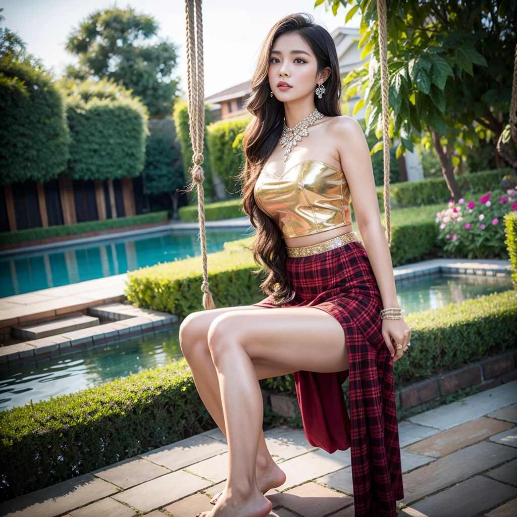 highest quality, Masterpiece, Beautiful woman, 30 years old, dressed in traditional Khmer, modern style, sitting on a swing, shoulder-length hair, adorned with gems and diamonds, wearing a knee-length skirt, checkered skirt, thighs, back Water flow, flower garden, butterfly, sitting face to face, feet together, most beautiful,