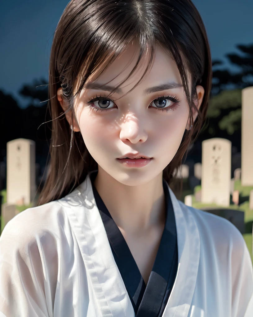 (Highest quality, 32k, High resolution, Masterpiece:1.5), marimo_jet, god々A photograph with brilliant dazzling and healing power., Evoking a sense of calm and elusive beauty, Expressing emotions, Have a rich imagination, Beautiful Japanese Girls, An exceptionally beautiful face, Small Face Beauty, , Perfect Human Anatomy, Magical big eyes, Motherhood and generosity, Deep Love, Fleeting Expression, Shiny black hair, Neat, super long, straight silk hair, Asymmetrical bangs, Hair between the eyes, Transparent, soft white skin, Sharp eyebrows, Thin lashes, Natural Makeup, ((Traditional Japanese white kimono:1.3)), ((Japanese Cemetery:1.5)), ((Simple gravestone)), ((Midnight Darkness:1.5)), Professional photographer, Professional Lighting, Professional models
