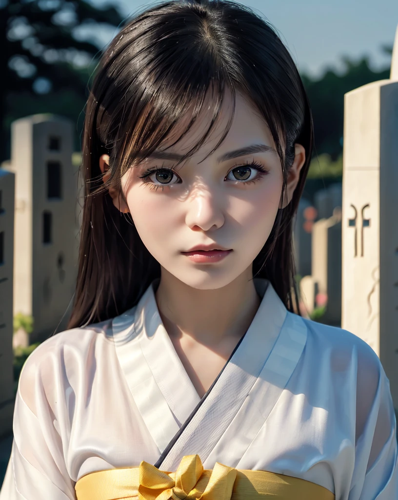 (Highest quality, 32k, High resolution, Masterpiece:1.5), marimo_jet, god々A photograph with brilliant dazzling and healing power., Evoking a sense of calm and elusive beauty, Expressing emotions, Have a rich imagination, Beautiful Japanese Girls, An exceptionally beautiful face, Small Face Beauty, , Perfect Human Anatomy, Magical big eyes, Motherhood and generosity, Deep Love, Fleeting Expression, Shiny black hair, Neat, super long, straight silk hair, Asymmetrical bangs, Hair between the eyes, Transparent, soft white skin, Sharp eyebrows, Thin lashes, Natural Makeup, ((Traditional Japanese white kimono:1.3)), ((Japanese Cemetery:1.5)), ((Simple gravestone)), ((Midnight Darkness:1.5)), Professional photographer, Professional Lighting, Professional models