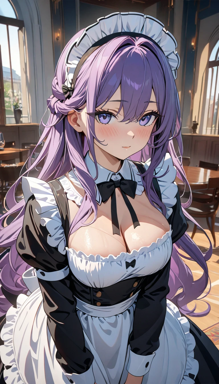 (((Best quality, 8k, Masterpiece: 1.3)), ((best quality)), ((masterpiece)), (detailed), perfect face, A maid girl with long purple hair, she looks at me, Her thick hair flows, A maid costume with frills. She serves at the royal court, high resolution, Textured skin, anime style