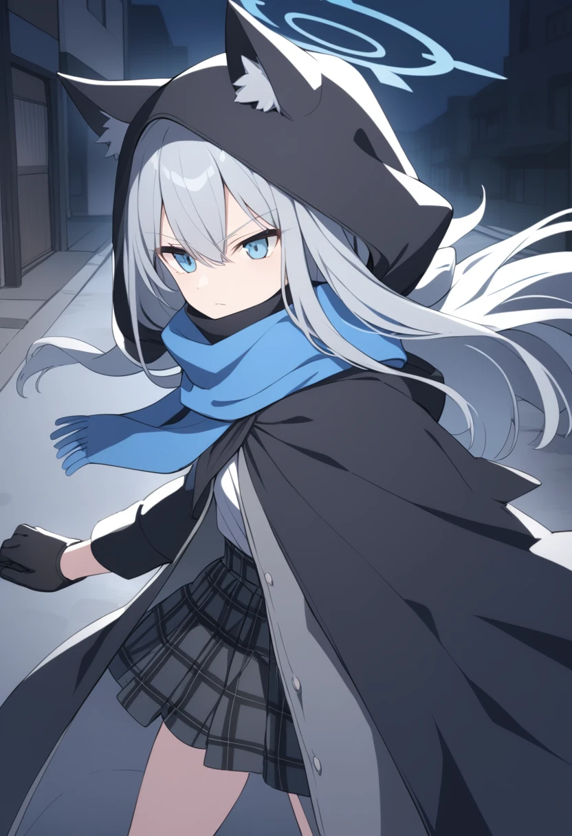 girl,Silver long hair, blue eyes, Wearing a black cape,Wearing a black mask,A sky blue scarf, Black gloves, And black plaid skirt, On empty streets,Serious expression, blue halo,Black hood,hood up,Gray wolf ears,night