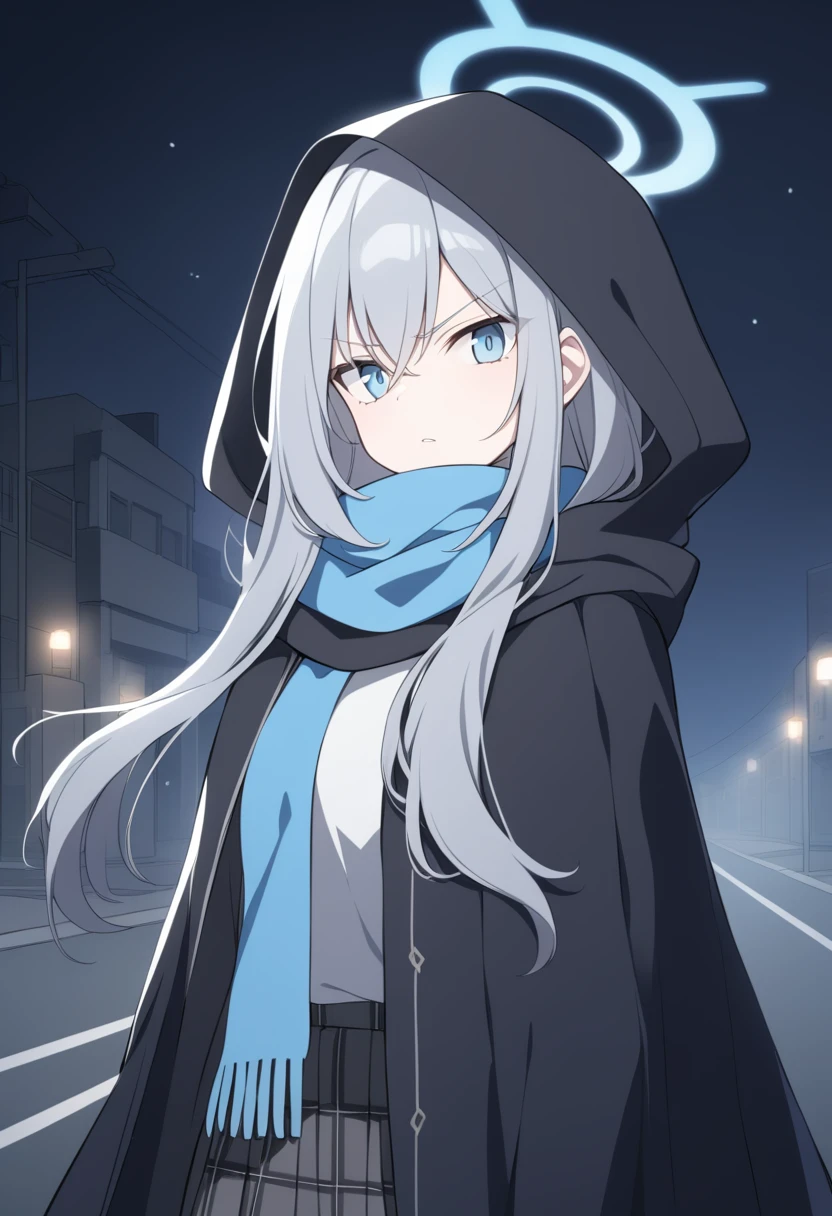 girl,Silver long hair, blue eyes, Wearing a black cape,Wearing a black mask,A sky blue scarf, Black gloves, And black plaid skirt, On empty streets,Serious expression, blue halo,Black hood,hood up,Gray wolf ears,night