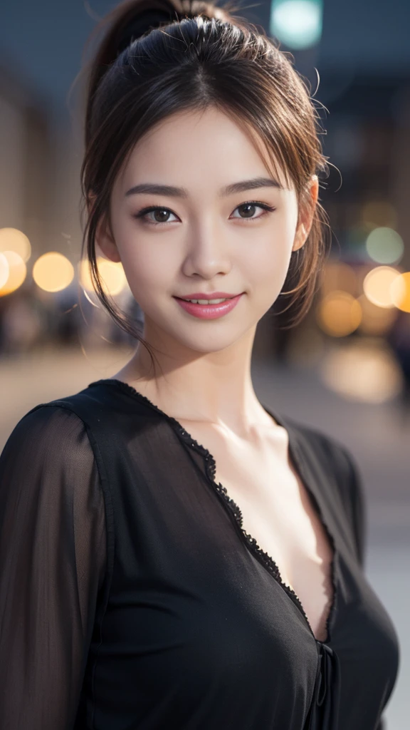 (a gorgeous lady, age 20s, classic black dress that exudes timeless elegance, versatile and sophisticated, posing naturally under night sky, kind smile, dimpled cheeks, short ponytail, cute snaggleteeth, ample round bosom, perfect body anatomy, photorealistic, beautiful detailed eyes, hyper-realism, high contrast, ultra HD, realistic skin textures, top image quality, top-quality, super high resolution, fine details, very meticulously, high angle shot, medium shot, cowboy shot, bokeh background, SFW)