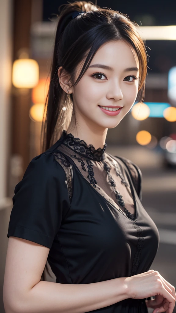 1 Girl, (Wearing a black blouse:1.2), Beautiful Japanese actresses, (ponytail:1.3), (RAW Photos, Highest quality), (Realistic, Photorealistic:1.4), masterpiece, Very delicate and beautiful, Very detailed, 2k wallpaper, wonderful, finely, Very detailed CG Unity 8K 壁紙, Very detailedな, High resolution, Soft Light, Beautiful detailed girl, Very detailed目と顔, Beautiful and detailed nose, Beautiful and detailed, Cinema Lighting, break (Snowy night cityscape as background 1.3), City lights, Perfect Anatomy, Slender body, smile, Face the front completely, Looking at the camera
