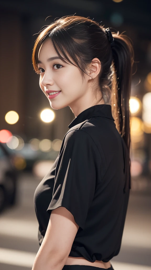 1 Girl, (Wearing a black blouse:1.2), Beautiful Japanese actresses, (ponytail:1.3), (RAW Photos, Highest quality), (Realistic, Photorealistic:1.4), masterpiece, Very delicate and beautiful, Very detailed, 2k wallpaper, wonderful, finely, Very detailed CG Unity 8K 壁紙, Very detailedな, High resolution, Soft Light, Beautiful detailed girl, Very detailed目と顔, Beautiful and detailed nose, Beautiful and detailed, Cinema Lighting, break (Snowy night cityscape as background 1.3), City lights, Perfect Anatomy, Slender body, smile, Face the front completely, Looking at the camera
