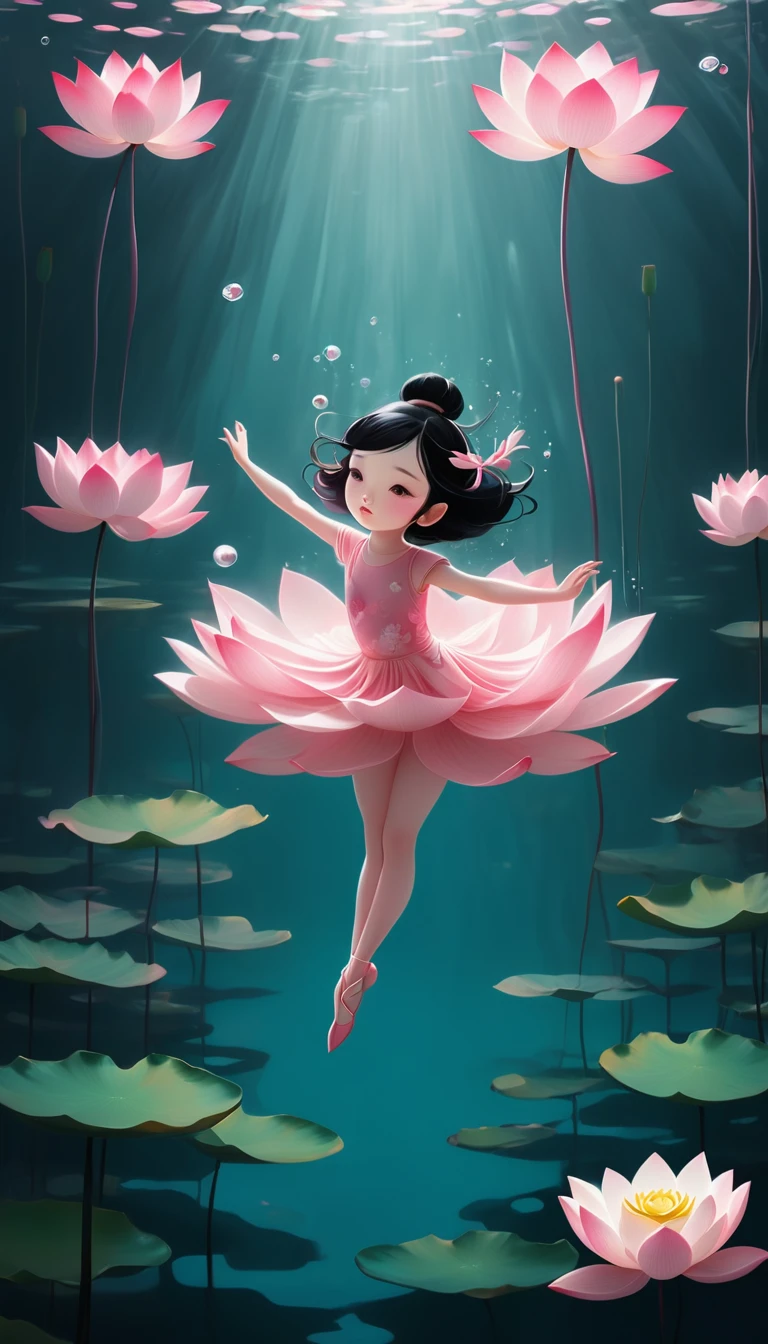 vector,Flat form,illustration,The Minimalists,数字艺术illustration,Pink hue,Abstract,artistic conception,Blooming,Underwater,A ,dancer;Pink clothing;Pretty Face,Black Hair,Hairpin;Lotus pond,Diving sensation,Lots of white space above。
