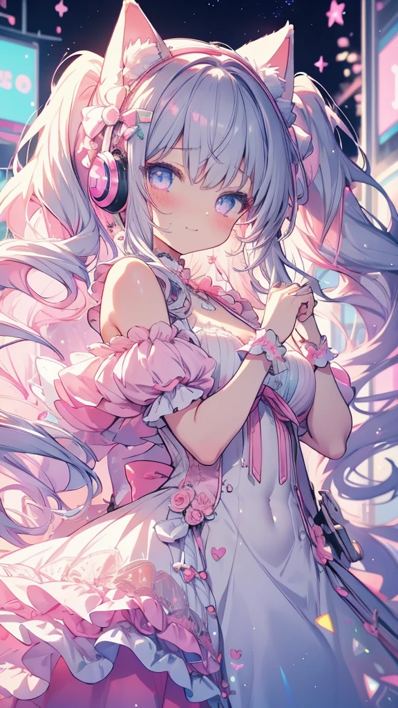Highest quality、Masterpiece、Super detailed、8K、、1 girl、Gray Hair、Fluffy, soft, loosely curled long hair、Twin tails、Cherry-colored eyes、White and pink ta outfit、Lace cape、Pink Cat Ear Headphones、Neon city at night、Ribbon hairpin、Lots of ribbon hair accessories、Cleavage、smile、Embarrassed expression、White and pink neon city