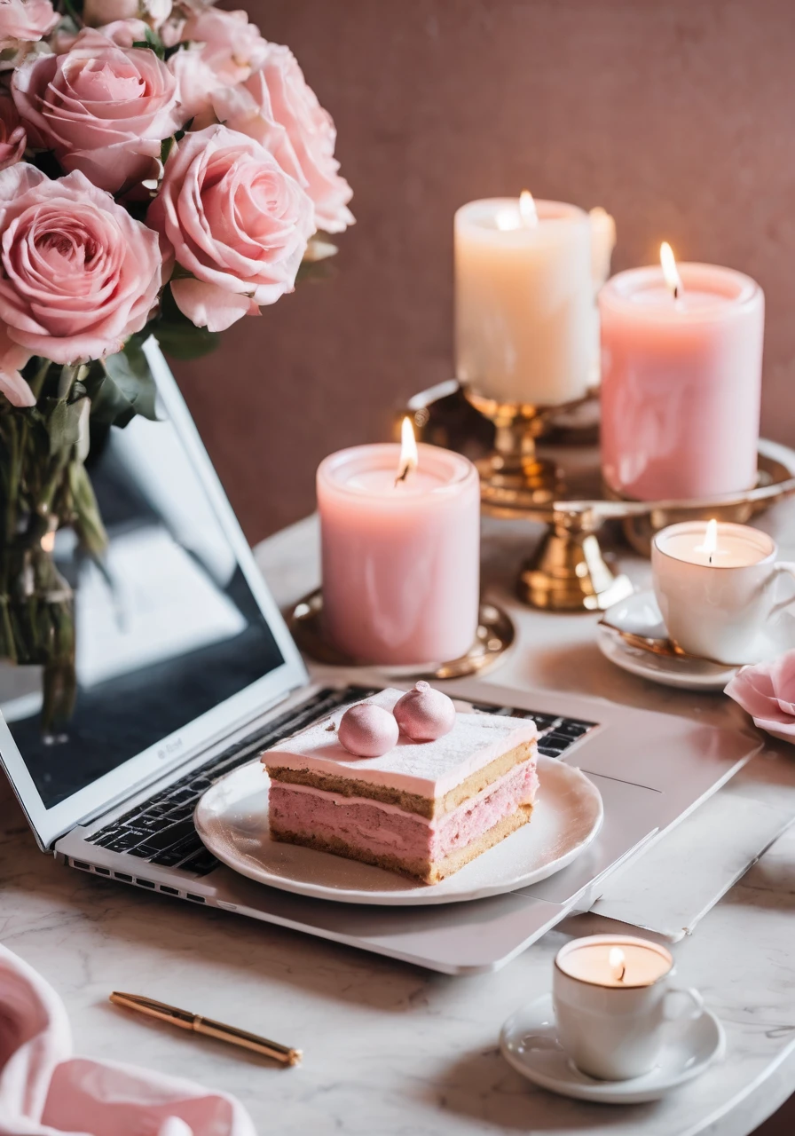 high quality,Official Art,Laptop,sweets,Instagram style,On the table,Fashionable Cafe,Candles,pale pink,Grayish pale pink,Sense of luxury,Postcard style,Shabby chic,Transparency,