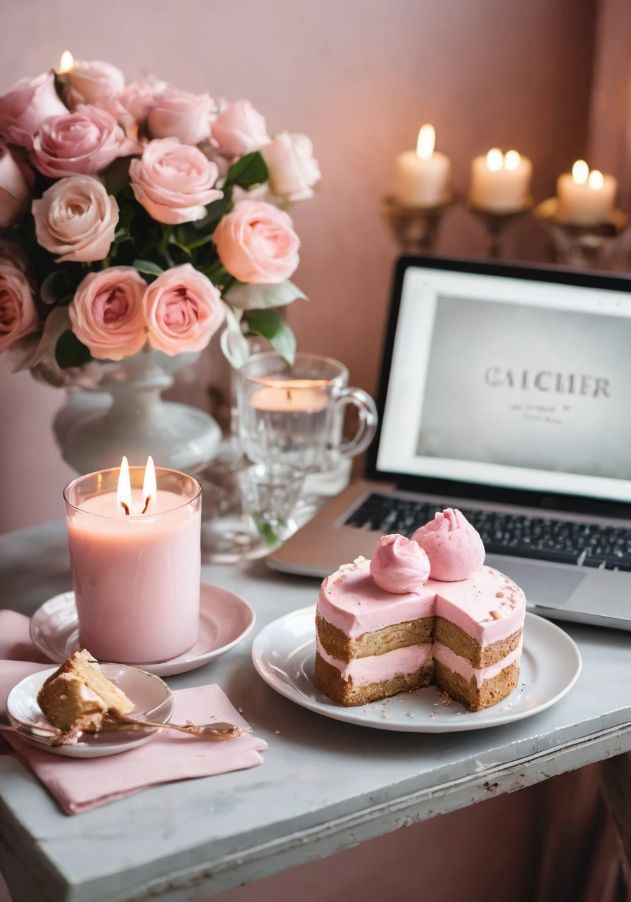 high quality,Official Art,Laptop,sweets,Instagram style,On the table,Fashionable Cafe,Candles,pale pink,Grayish pale pink,Sense of luxury,Postcard style,Shabby chic,Transparency,