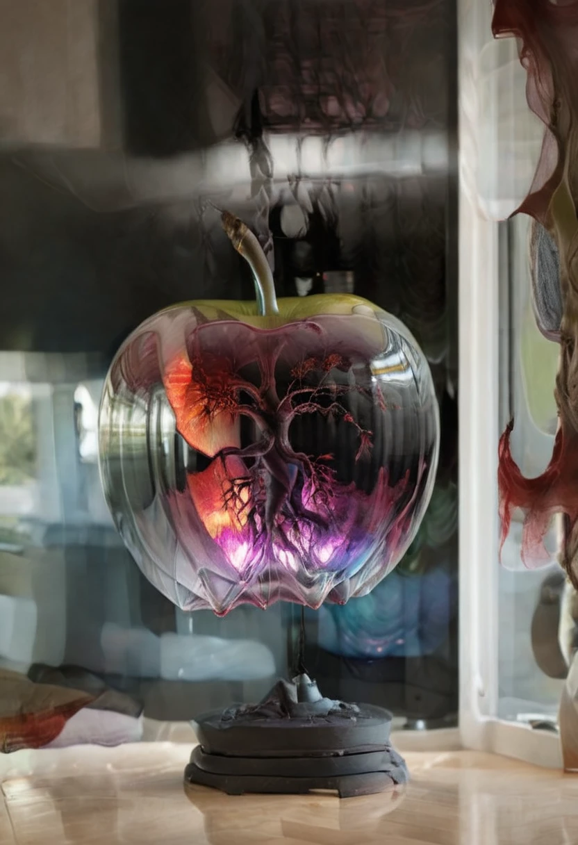 a beautiful (close up) photo of a perfect see-through (big glowing glass apple) illuminating the scene, silhouette of a (woman screaming) and wild and roots growing frantically inside, up close.
(iridescent glowing: 1.66), dreamy, ethereal, hyper realistic, amazing quality, amazing detail, photorealism, 100mm macro lens, dark background, surrounded by fog, surrounded by (red smoke), in a forest, (night), smoky, gorgeous, shallow depth of field, black/purple fade, atmospheric haze, volumetric fog,